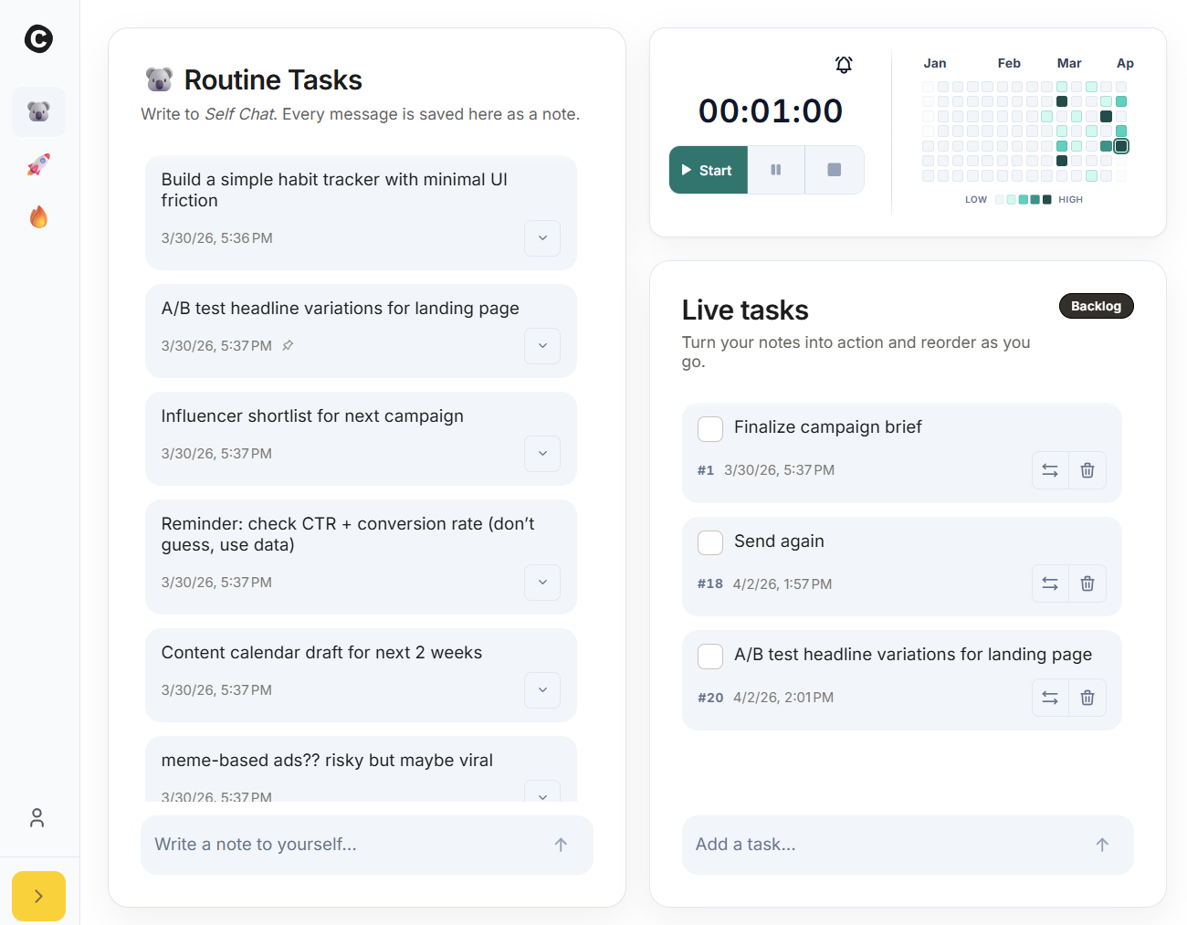 CleanMyMind desktop app showing the idea capture area, task board with Live and Backlog columns, and focus timer